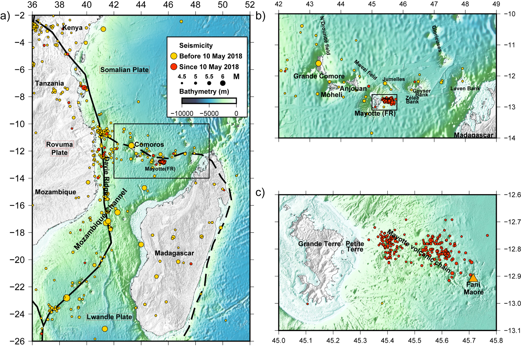 Birth of a large volcanic edifice offshore Mayotte via lithosphere